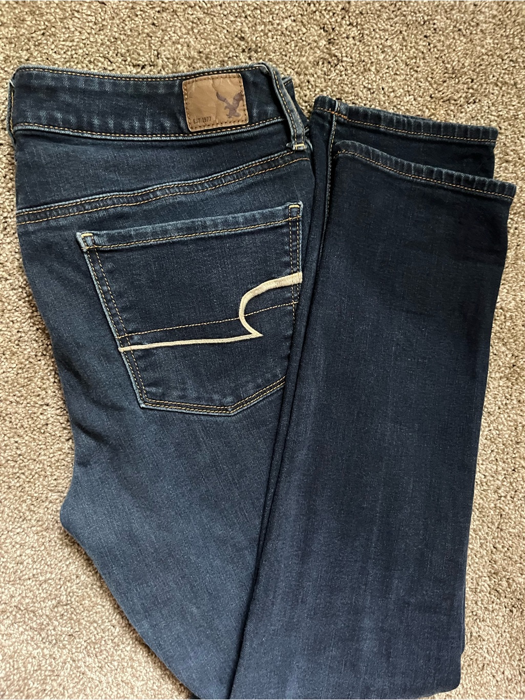 American Eagle Outfitters Dark Blue Bootcut Jeans With Tan Stitching